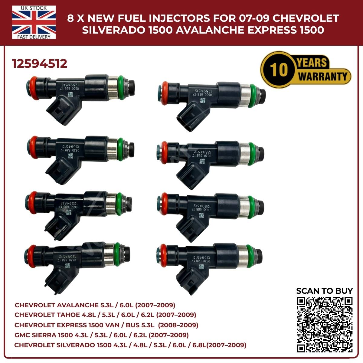 Set of 8 Fuel Injectors 12594512 – Fits Chevy Silverado, Suburban & Tahoe (2007–2009)