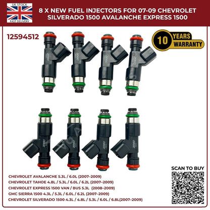 Set of 8 Fuel Injectors 12594512 – Fits Chevy Silverado, Suburban & Tahoe (2007–2009)