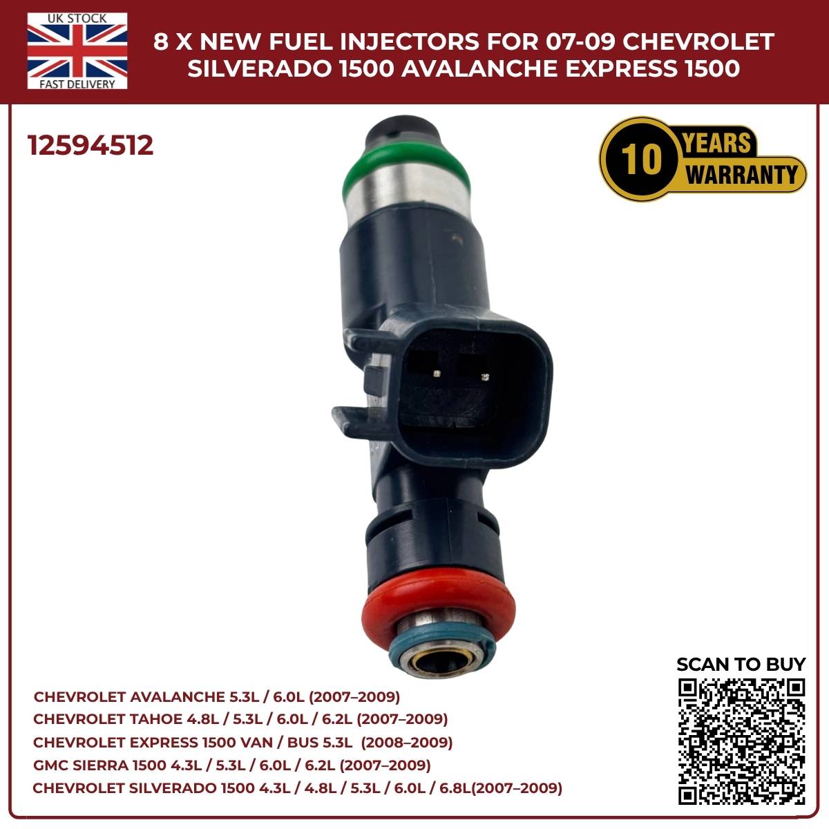 Set of 8 Fuel Injectors 12594512 – Fits Chevy Silverado, Suburban & Tahoe (2007–2009)