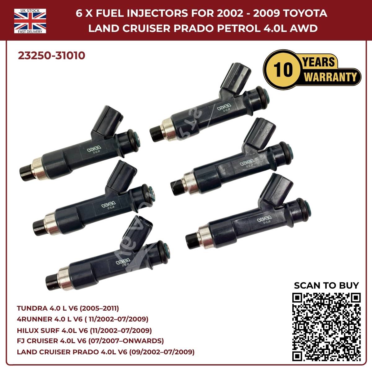 6x Fuel Injector Set 23250-31010 – Fits 2002–2009 Toyota Hilux Surf 4.0L V6 Petrol AWD/RWD