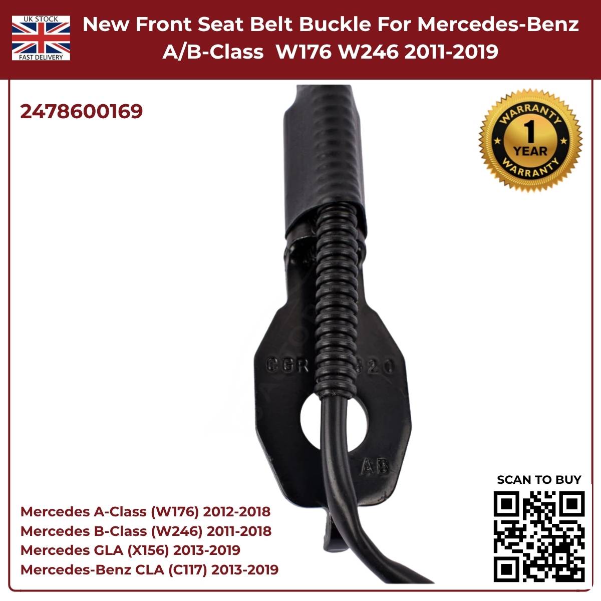 Front Seat Belt Buckle — Mercedes-Benz A-Class W176 / B-Class W246 — OE A24786095039051