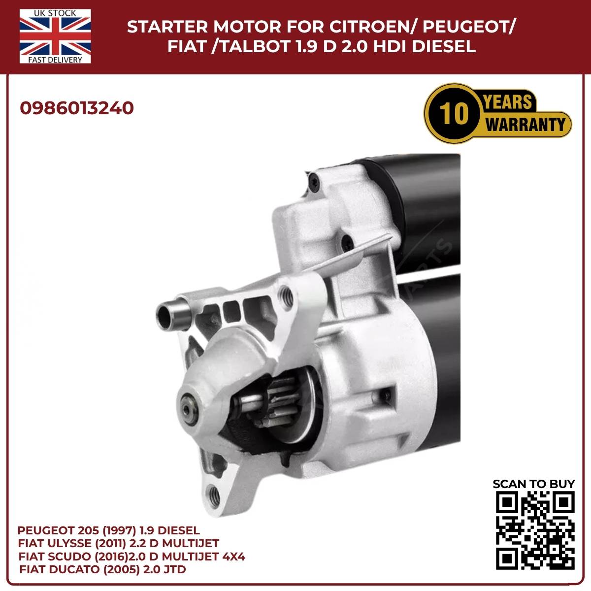 Starter Motor for Citroen / Peugeot / Fiat / Talbot – 1.9D & 2.0 HDI Diesel | Ref 0986013240