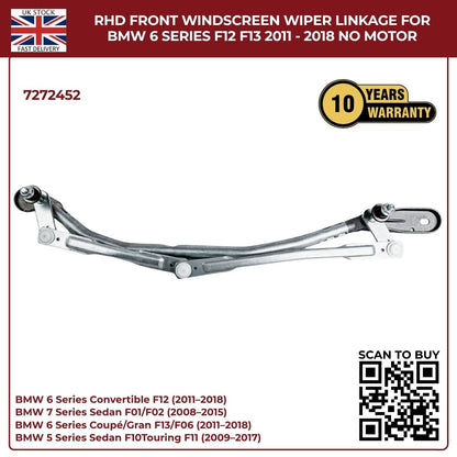 BMW RHD Front Wiper Linkage Assembly – Fits 2009‑2017 5 Series F10/F11 & 6 Series – Part No. 7272452
