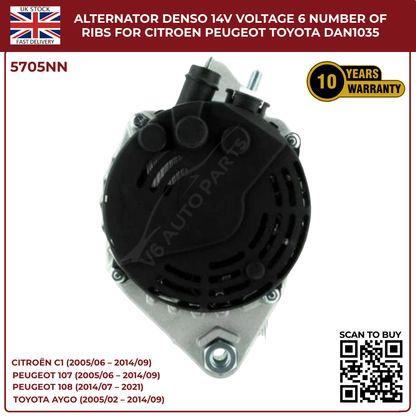 Alternator 14V 70A – 6 Rib Pulley – Citroën C1, Peugeot 107/108, Toyota Aygo – DAN1035