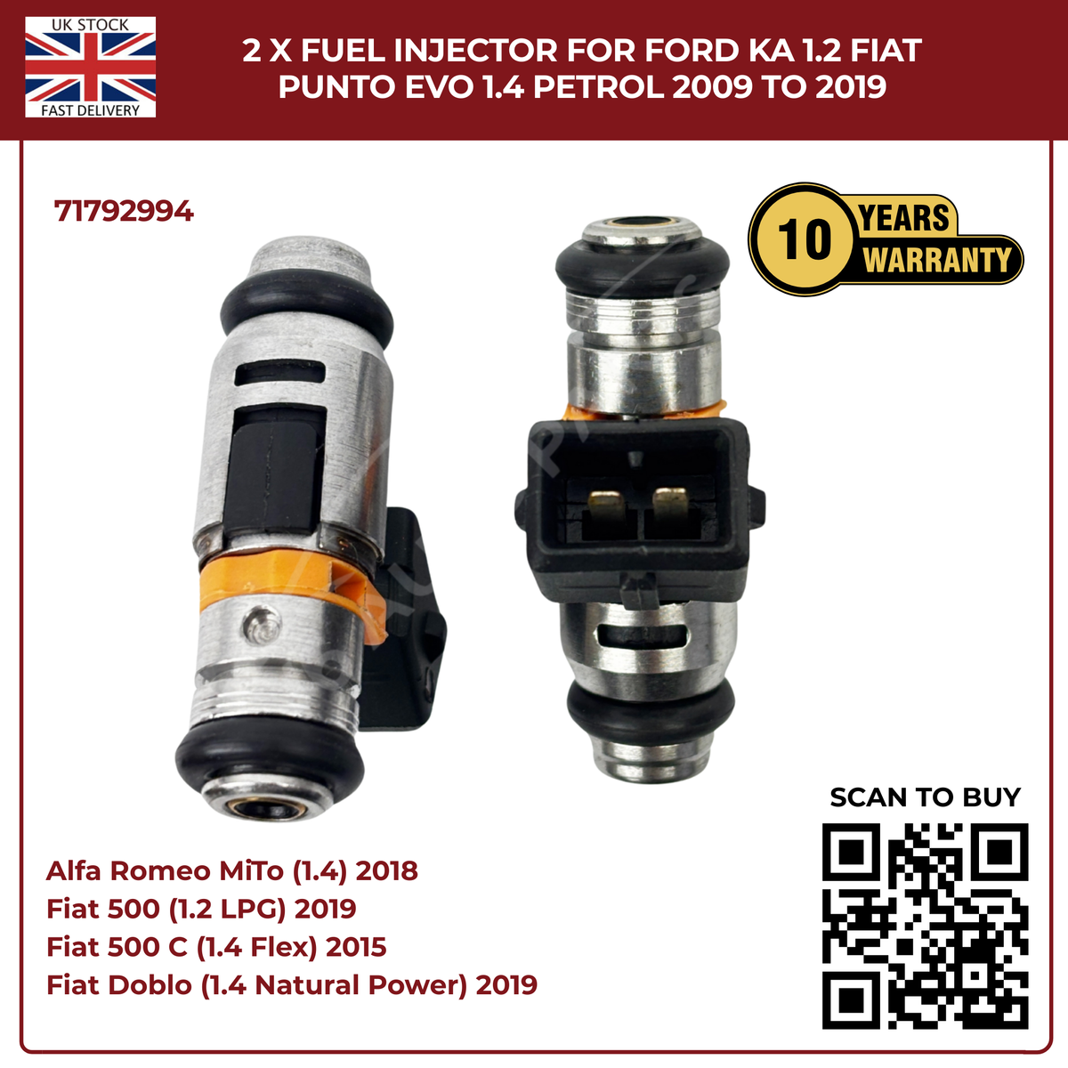 2× Fuel Injectors 71792994 – Fits 2009–2019 Ford Ka 1.2 & Fiat Punto Evo 1.4 Petrol