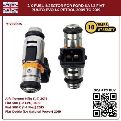 2× Fuel Injectors 71792994 – Fits 2009–2019 Ford Ka 1.2 & Fiat Punto Evo 1.4 Petrol