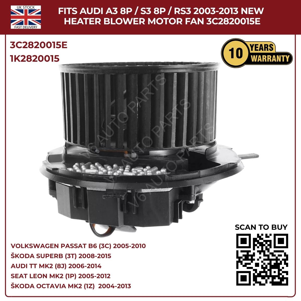 Heater Blower Motor Fan For Audi TT MK2 2006–2014 / A3 8P S3 – OEM 1K2820015A, 3C2820015E