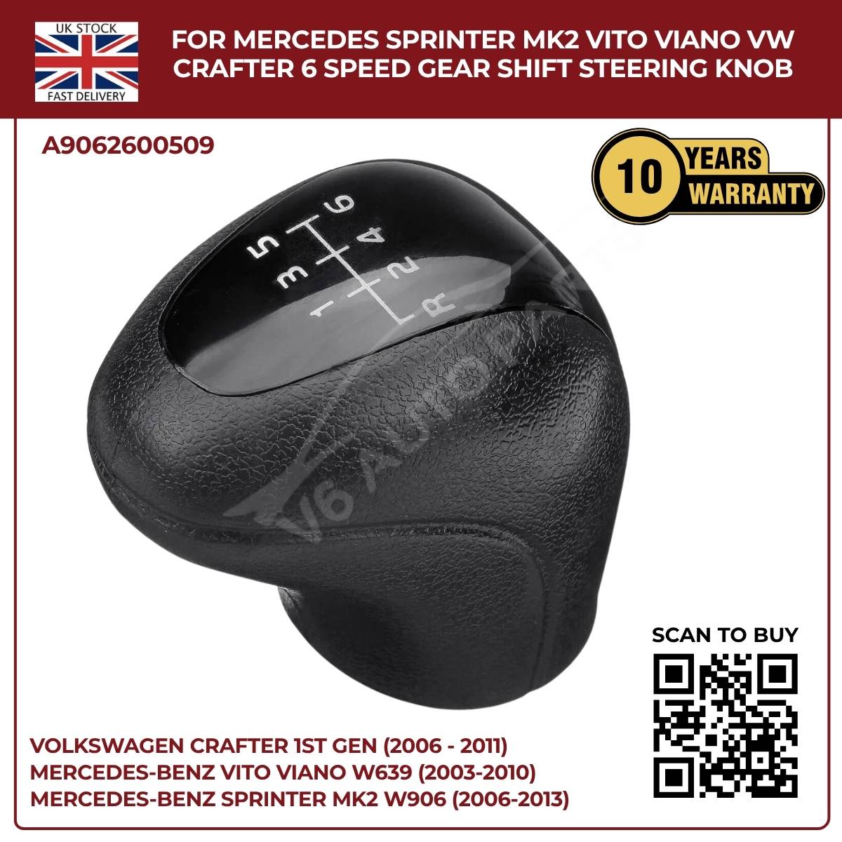 Black Leather 6‑Speed Gear Shift Knob – Fits Mercedes Sprinter MK2 W906 (2006‑2013, 3.5T / 4.5T)