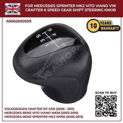 Black Leather 6‑Speed Gear Shift Knob – Fits Mercedes Sprinter MK2 W906 (2006‑2013, 3.5T / 4.5T)