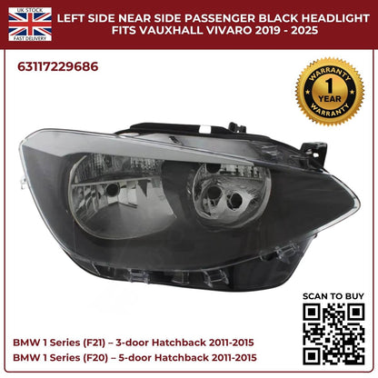 For BMW 1 Series F20/F21 Halogen Headlight – Right Side | 2011‑2015 RHD | Black Inner Housing | 63117229686