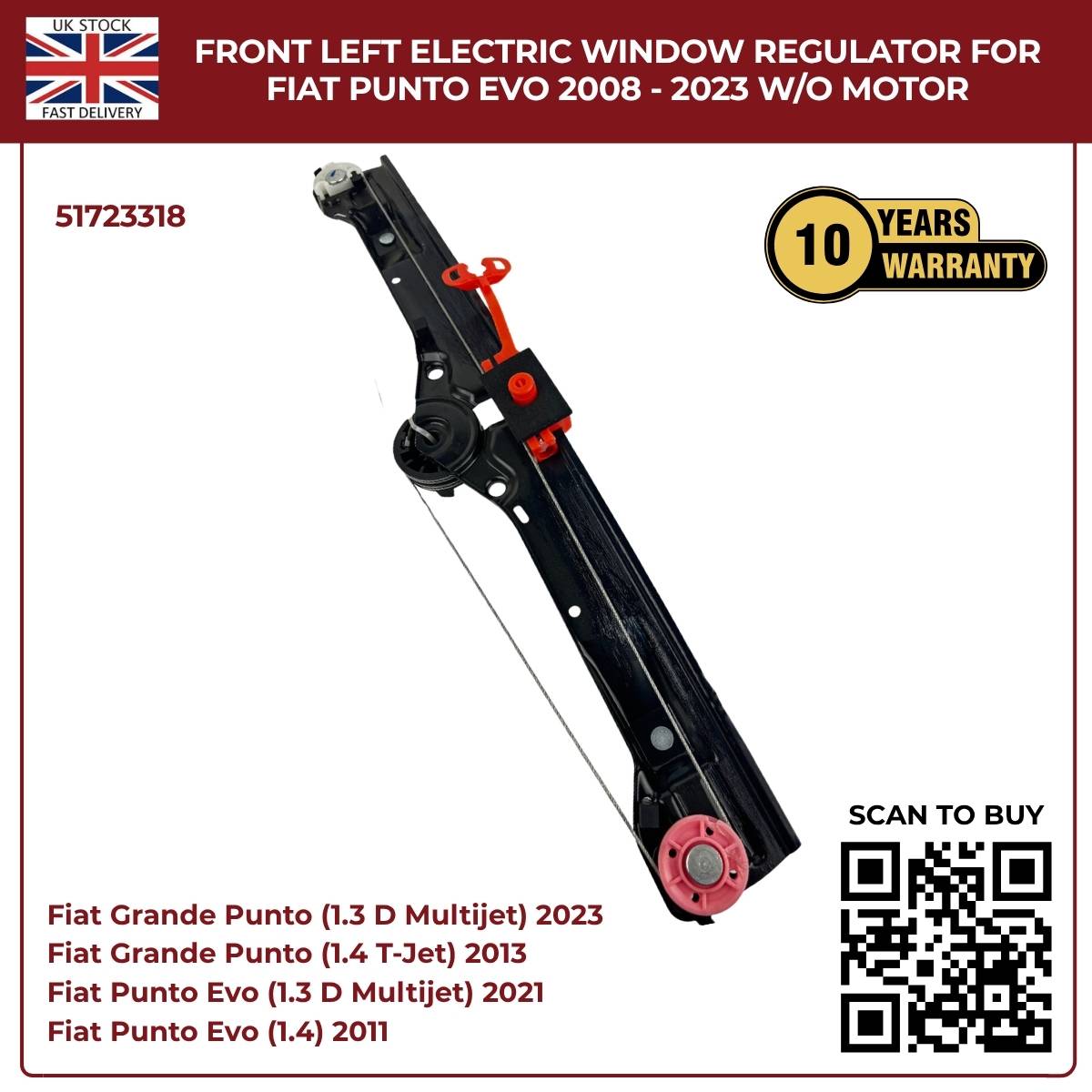 Front Left Electric Window Regulator (No Motor) – Fits Fiat Grande Punto & Punto Evo 2005–2023 | OEM 51723318