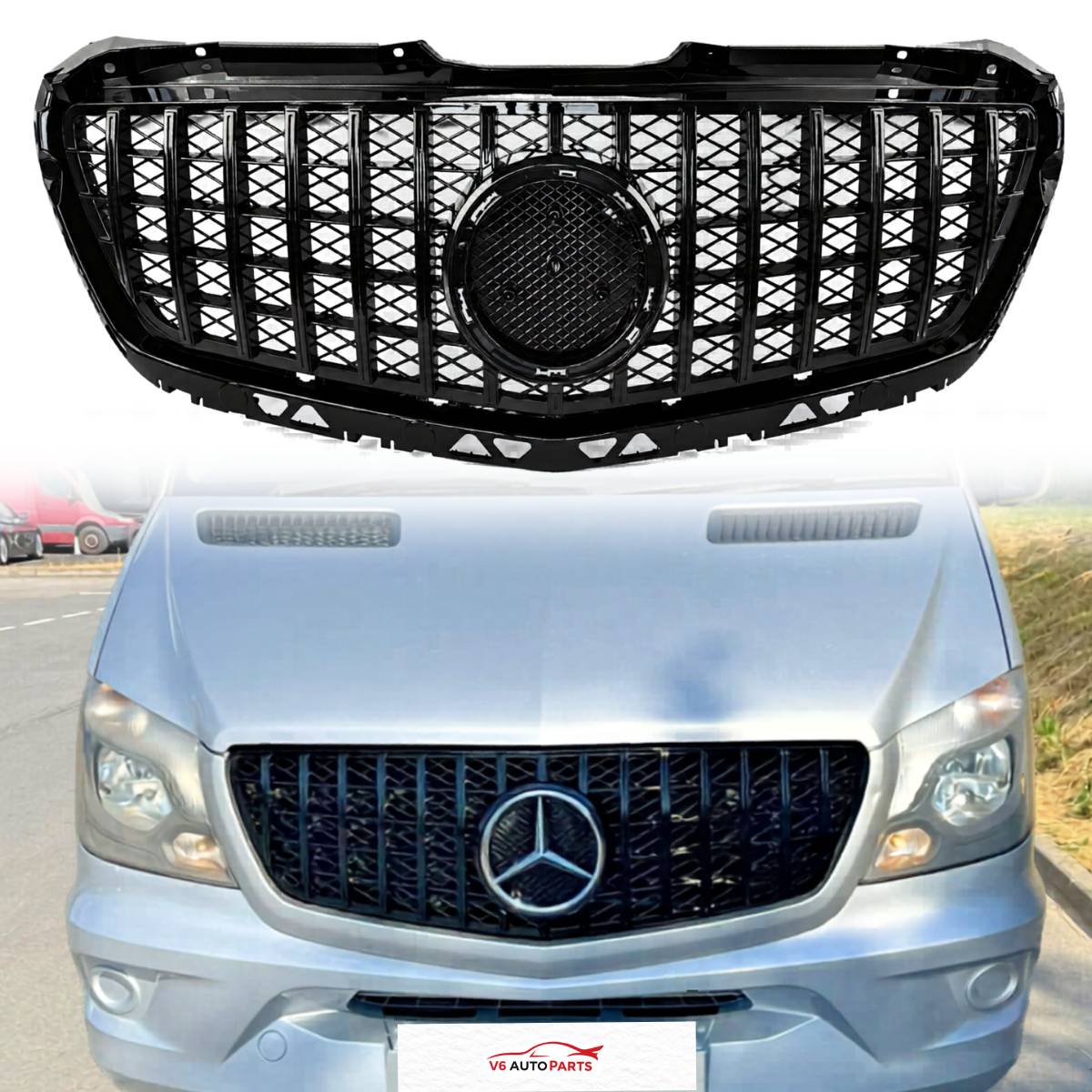 GT Panamericana Style Front Bumper Grille for Mercedes-Benz Sprinter 313 W906 (2013–2018 Facelift) – Gloss Black Radiator Grille Replacement