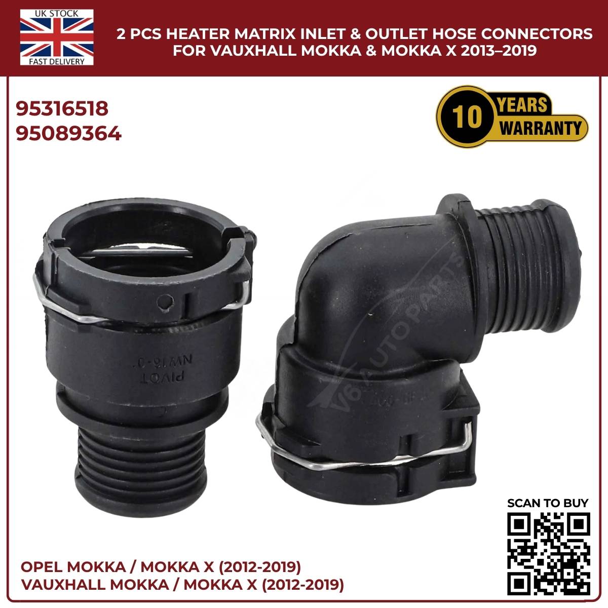 2 PCS Heater Matrix Inlet & Outlet Hose Connectors For Vauxhall ΜΟΚΚΑ Χ 2013-19