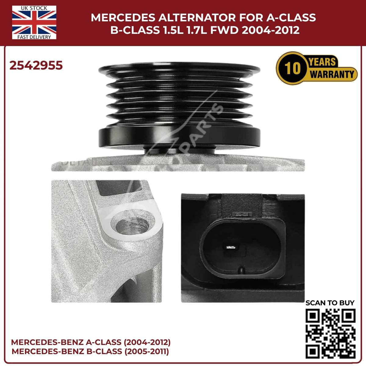 Mercedes Alternator SG9B121 / 2542955 — A-Class W169 & B-Class W245 1.5L / 1.7L Petrol FWD (2004–2012)