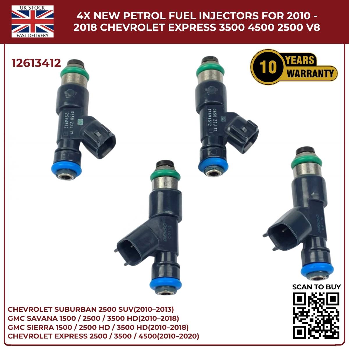 4× Fuel Injectors 12613412 – Fits 2010–2013 Chevrolet Suburban 2500 HD 6.0L V8 Petrol