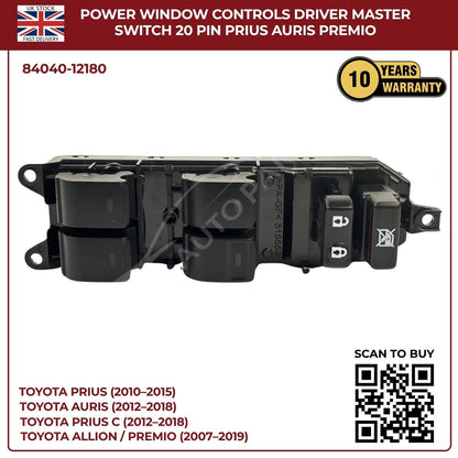 Toyota Lexus Driver Master Power Window Switch – Lock Control Buttons (OEM 84040‑12180, CT200h Prius Corolla)
