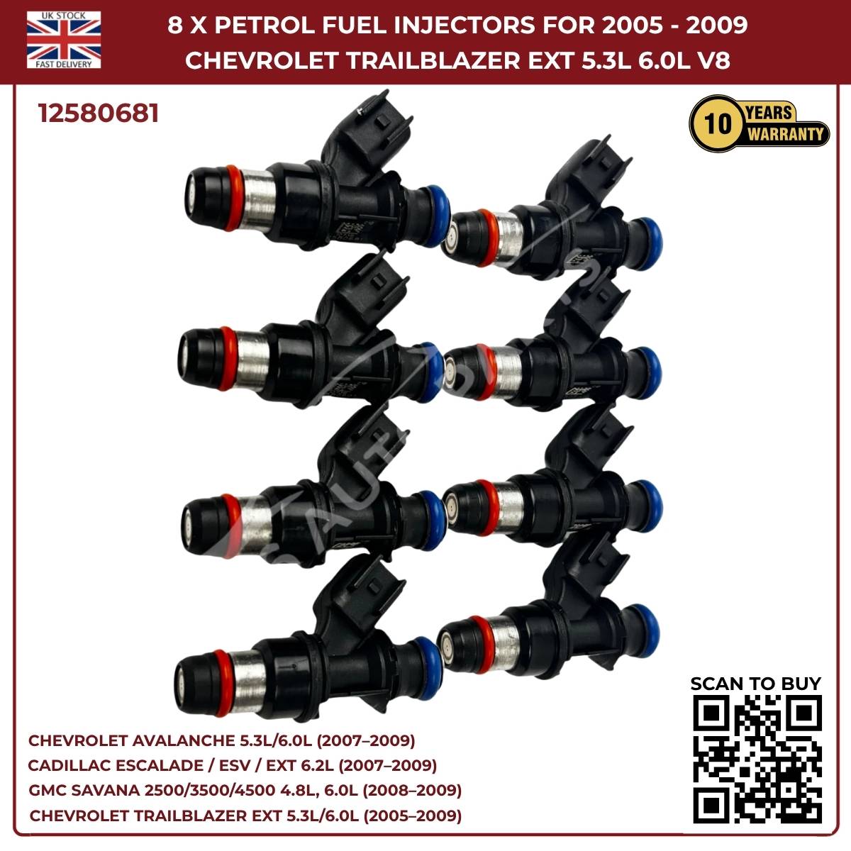 8x Fuel Injectors – Fits 2007–2010 Chevrolet Silverado 1500 / 2500HD / 3500HD – OEM Replacement