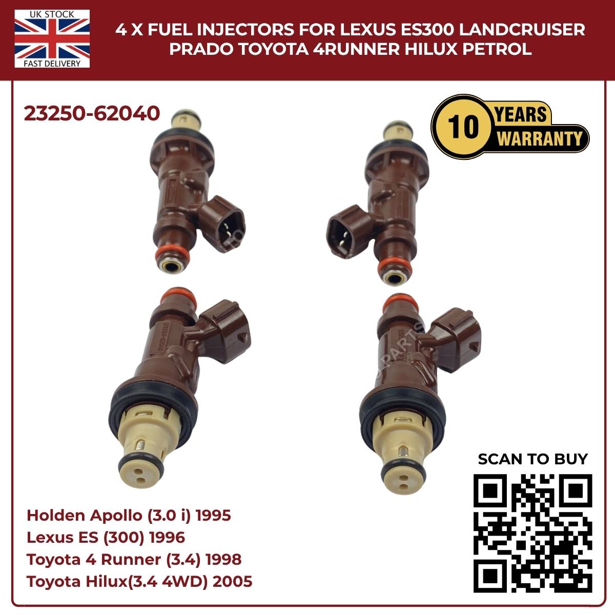 4 x Fuel Injectors For Lexus ES300 Landcruiser Prado Toyota 4Runner Hilux Petrol