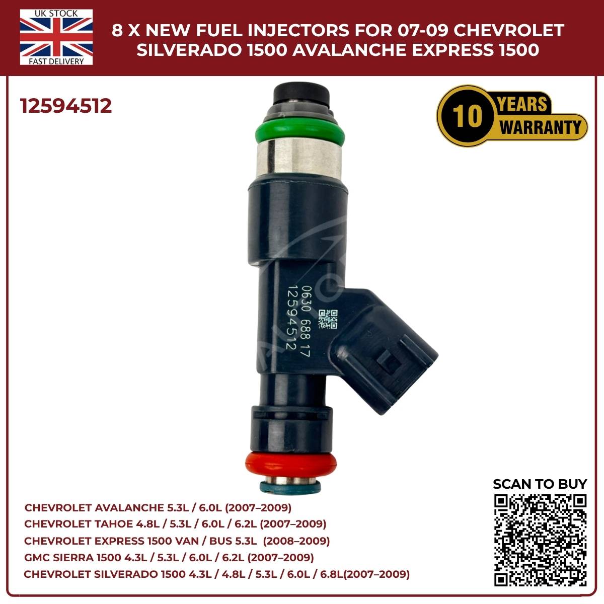 Set of 8 Fuel Injectors 12594512 – Fits Chevy Silverado, Suburban & Tahoe (2007–2009)
