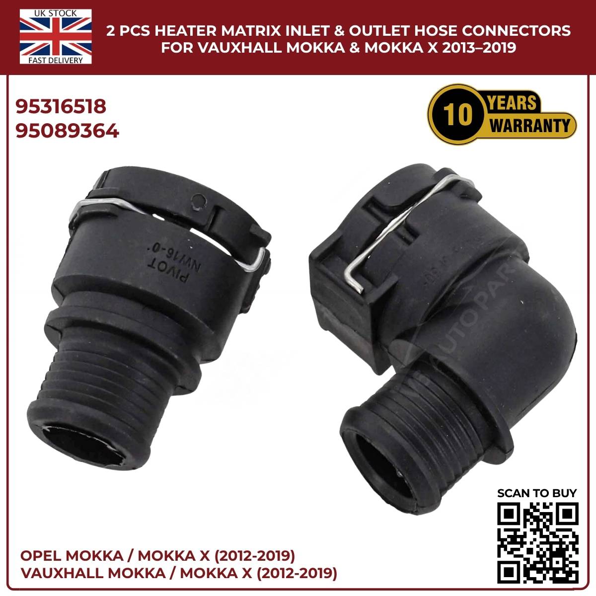 2 PCS Heater Matrix Inlet & Outlet Hose Connectors For Vauxhall ΜΟΚΚΑ Χ 2013-19
