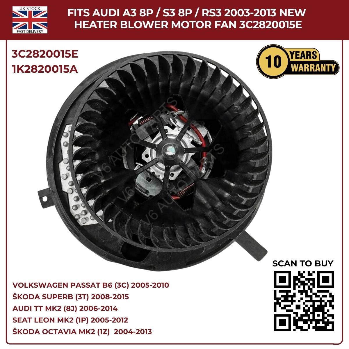 Heater Blower Motor Fan For Audi TT MK2 2006–2014 / A3 8P S3 – OEM 1K2820015A, 3C2820015E