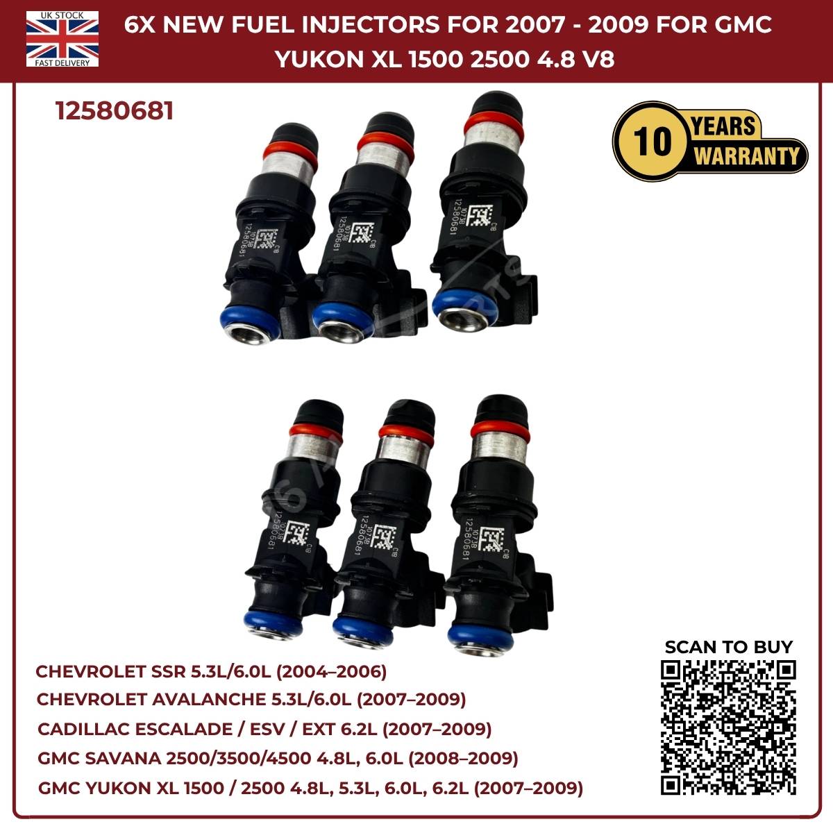 Set of 6 High-Flow Fuel Injectors | Fits 2005–2006 Chevrolet SSR 5.3L & 6.0L V8 Petrol | OEM 12580681 Replacement