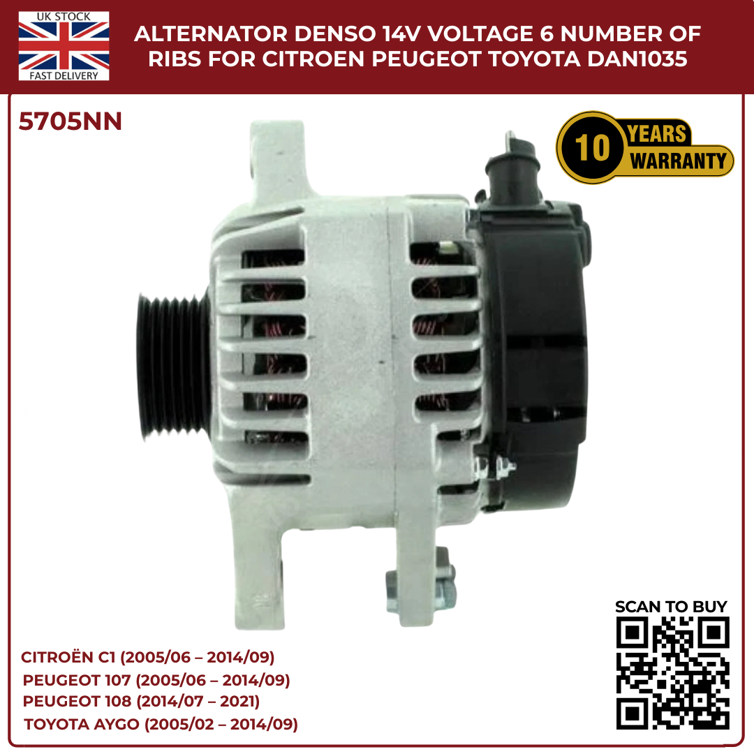 Alternator 14V 70A – 6 Rib Pulley – Citroën C1, Peugeot 107/108, Toyota Aygo – DAN1035