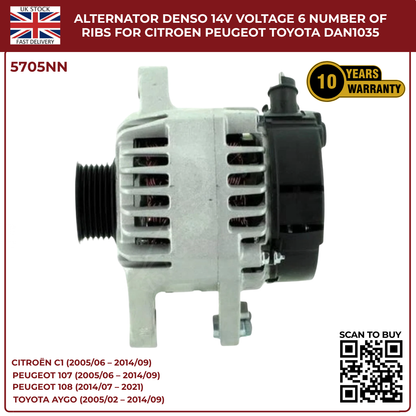Alternator 14V 70A – 6 Rib Pulley – Citroën C1, Peugeot 107/108, Toyota Aygo – DAN1035
