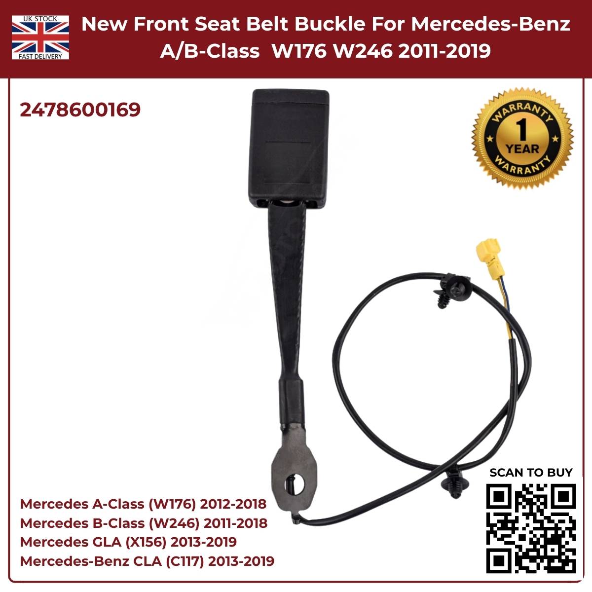 Front Seat Belt Buckle — Mercedes-Benz A-Class W176 / B-Class W246 — OE A24786095039051