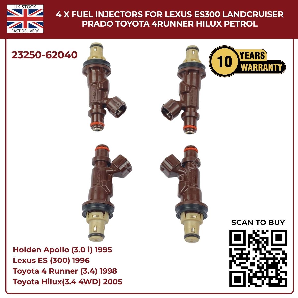 4 x Fuel Injectors For Lexus ES300 Landcruiser Prado Toyota 4Runner Hilux Petrol