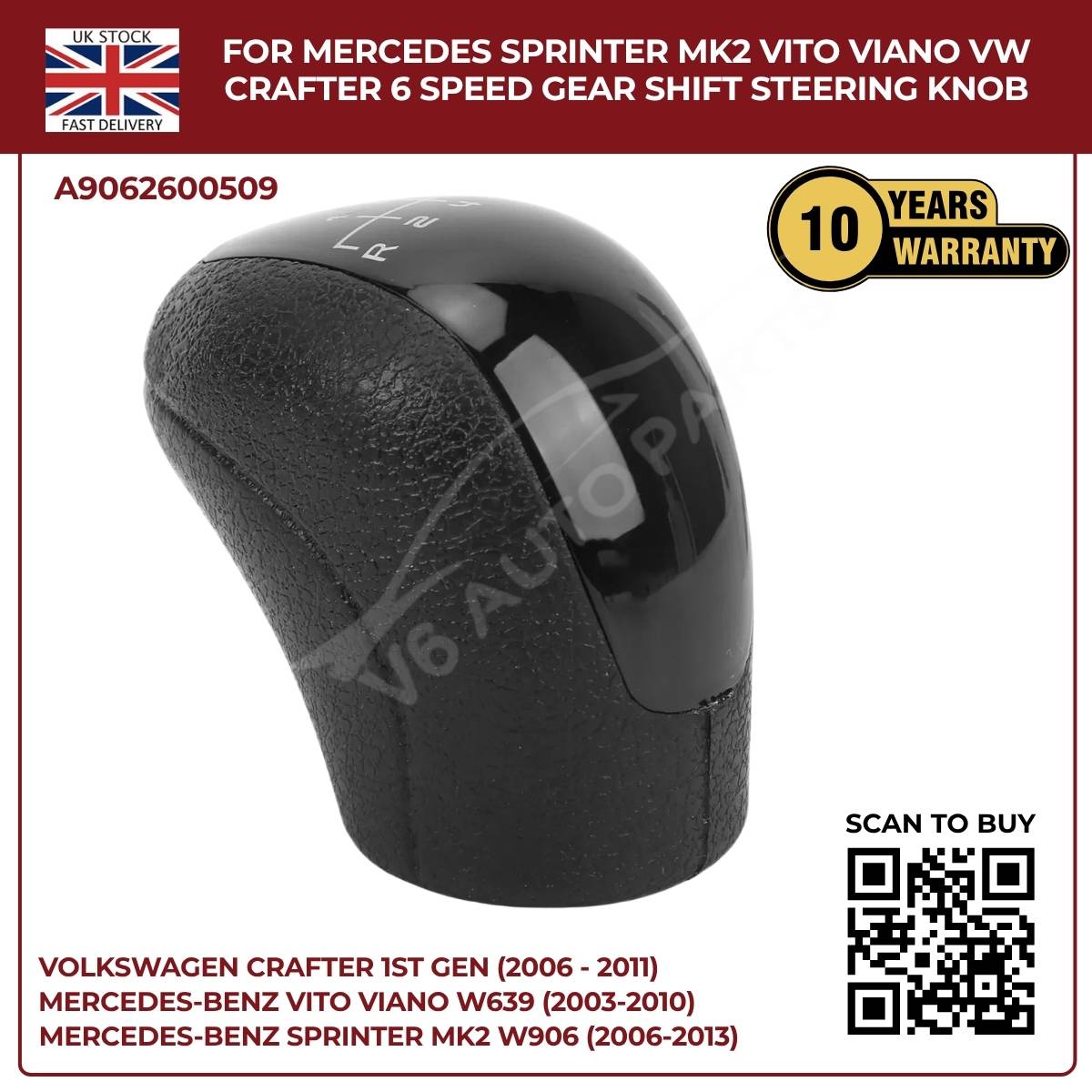 Black Leather 6‑Speed Gear Shift Knob – Fits Mercedes Sprinter MK2 W906 (2006‑2013, 3.5T / 4.5T)