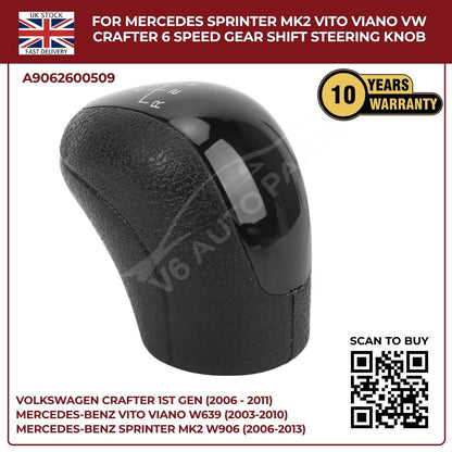 Black Leather 6‑Speed Gear Shift Knob – Fits Mercedes Sprinter MK2 W906 (2006‑2013, 3.5T / 4.5T)