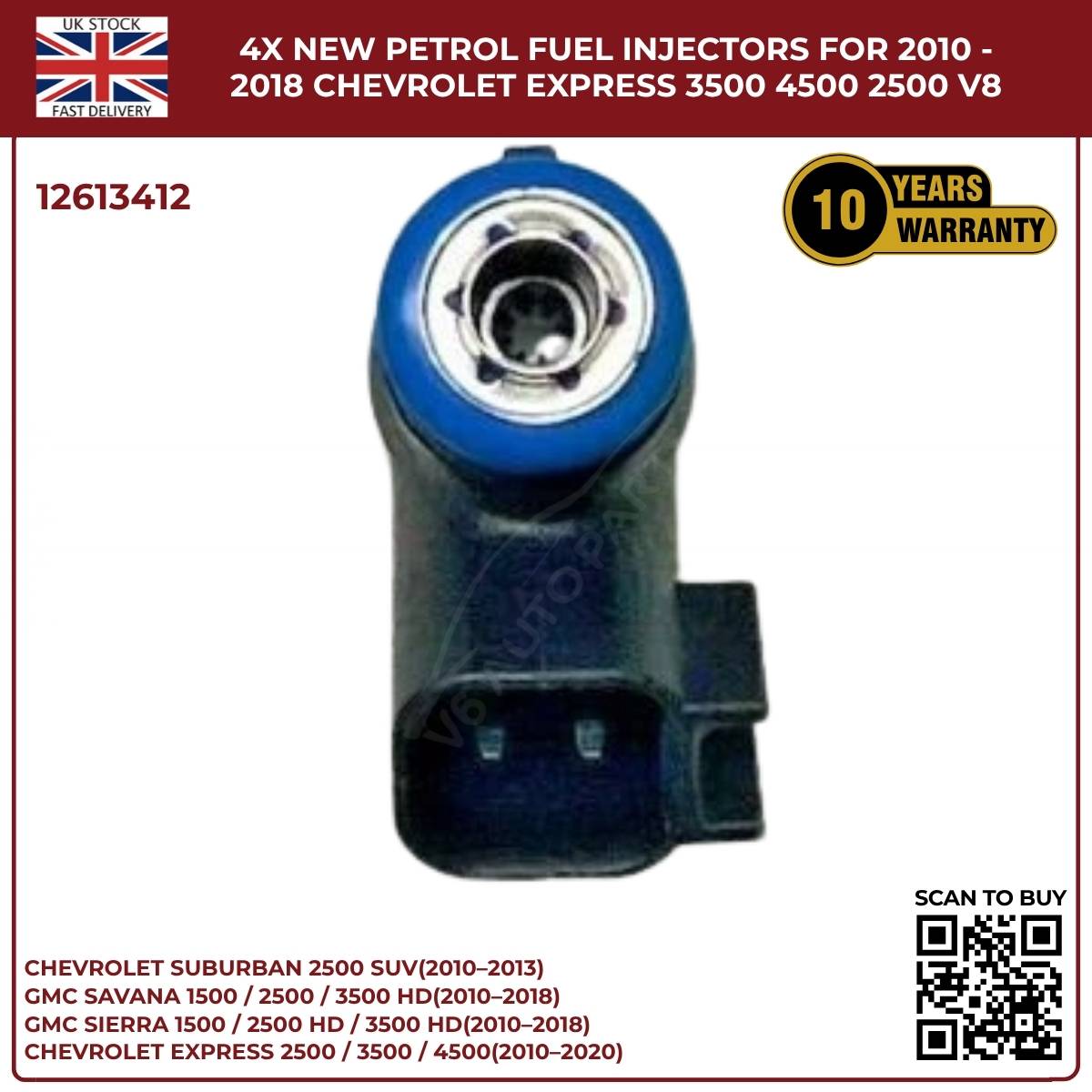 4× Fuel Injectors 12613412 – Fits 2010–2013 Chevrolet Suburban 2500 HD 6.0L V8 Petrol