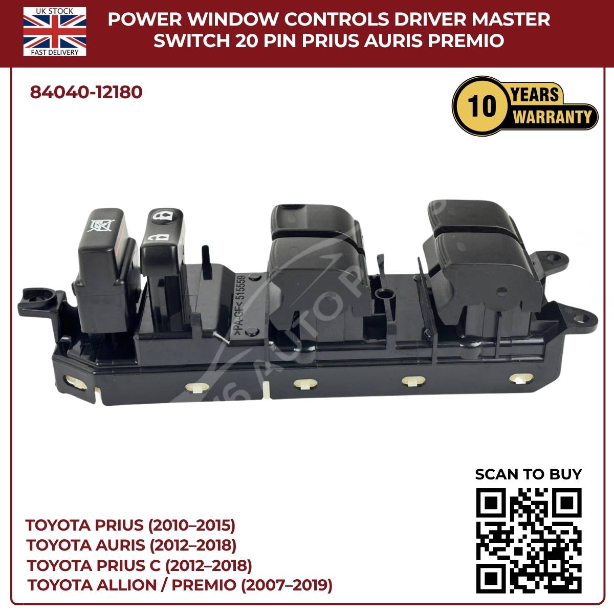 Toyota Lexus Driver Master Power Window Switch – Lock Control Buttons (OEM 84040‑12180, CT200h Prius Corolla)