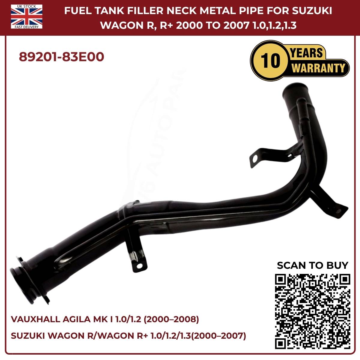Fuel tank filler neck metal pipe for Suzuki and Vauxhall vehicles with product details and warranty information.