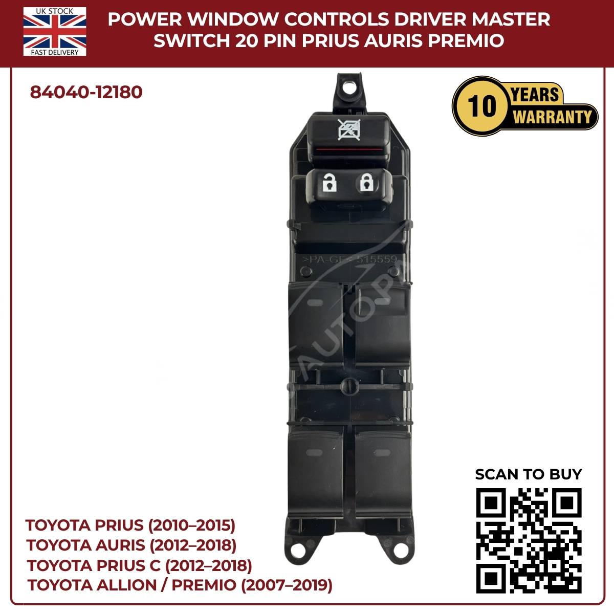 Toyota Lexus Driver Master Power Window Switch – Lock Control Buttons (OEM 84040‑12180, CT200h Prius Corolla)