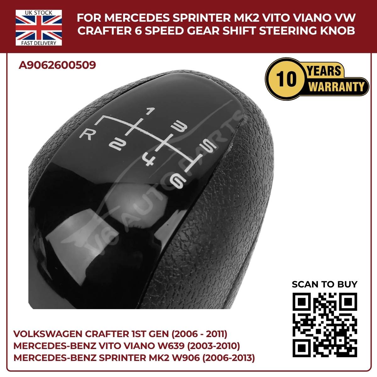 Black Leather 6‑Speed Gear Shift Knob – Fits Mercedes Sprinter MK2 W906 (2006‑2013, 3.5T / 4.5T)