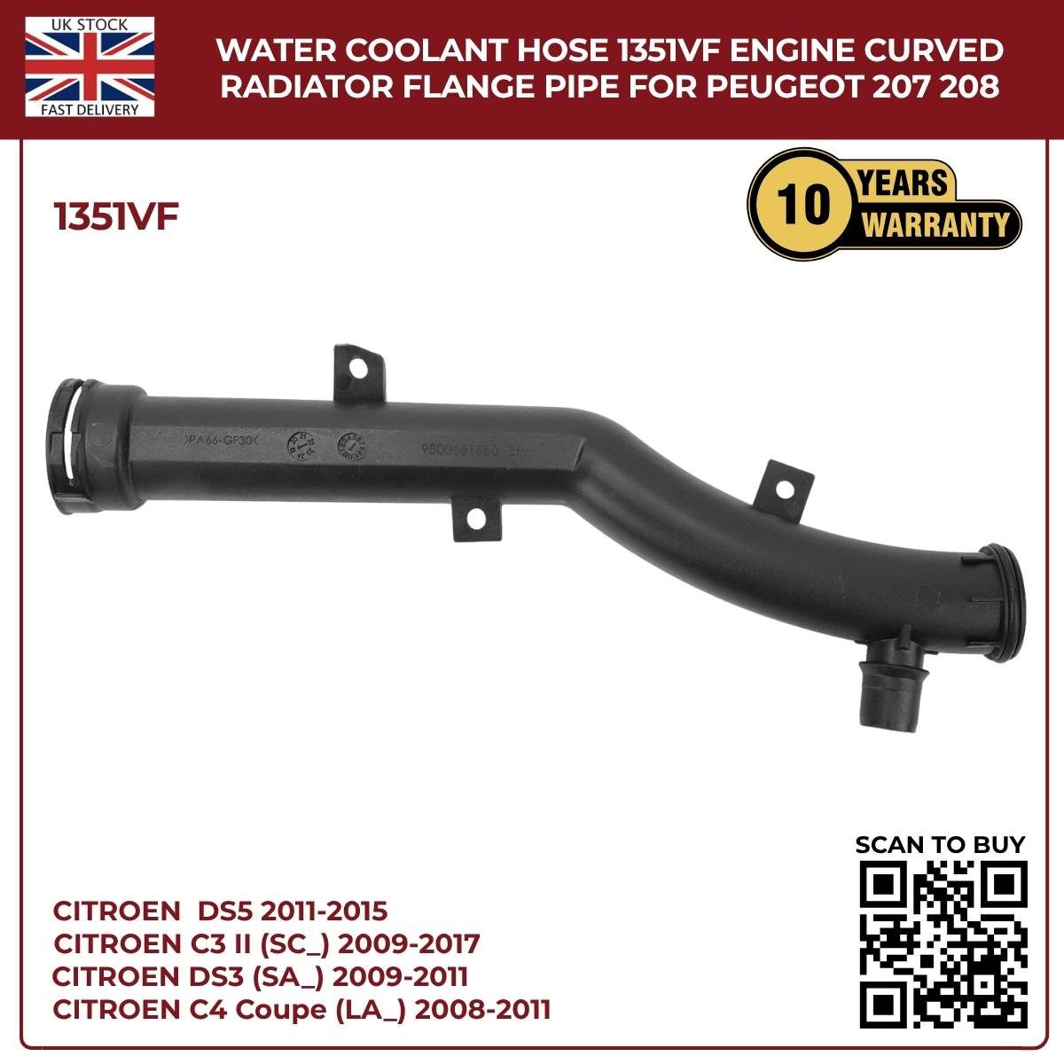 Water Coolant Hose  1351VF – Rear Right Engine Radiator Pipe for Peugeot & Citroën