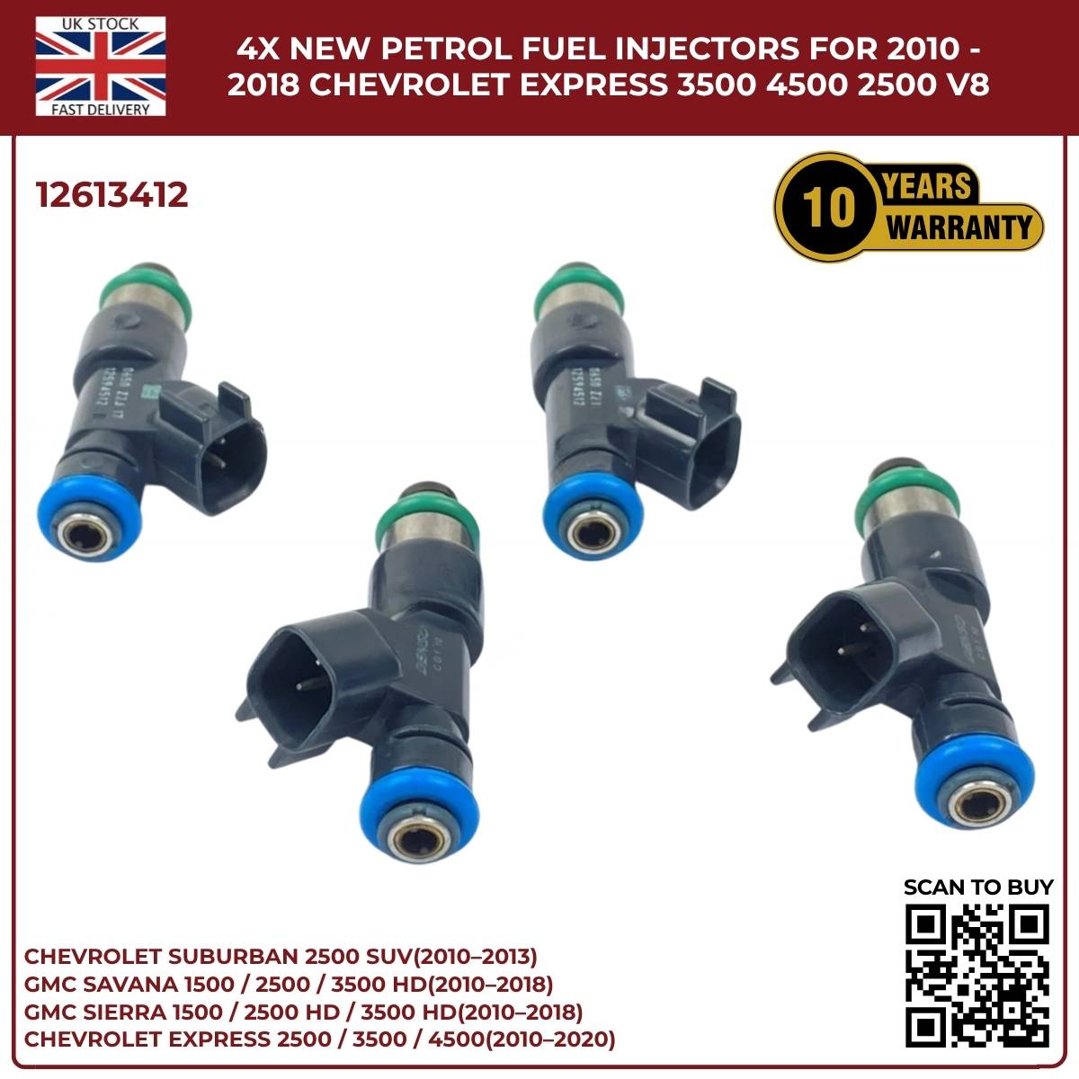 4× Fuel Injectors 12613412 – Fits 2010–2013 Chevrolet Suburban 2500 HD 6.0L V8 Petrol