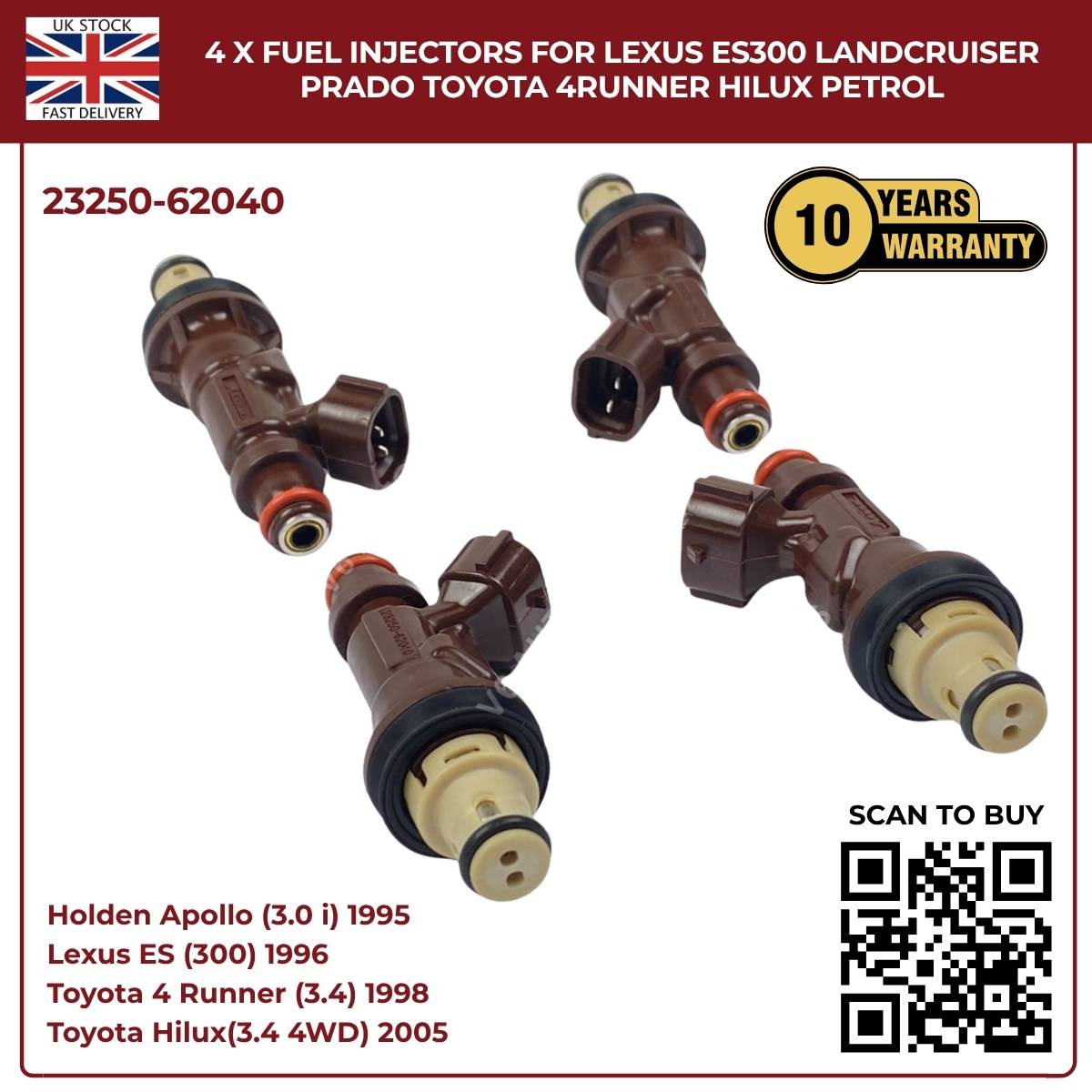 4 x Fuel Injectors For Lexus ES300 Landcruiser Prado Toyota 4Runner Hilux Petrol