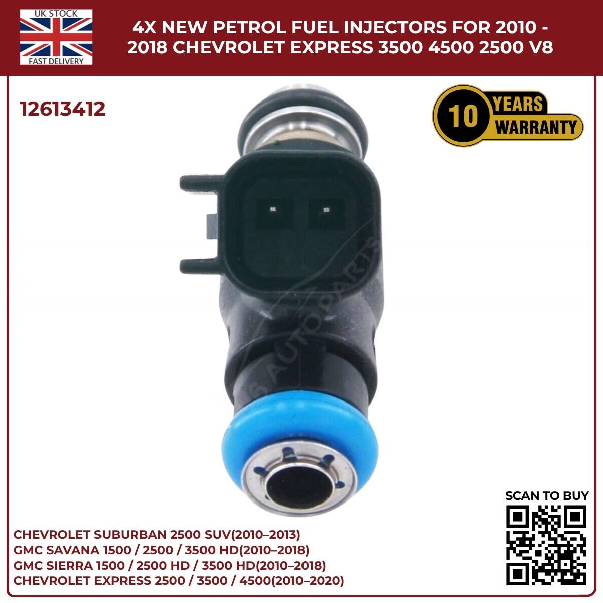 4× Fuel Injectors 12613412 – Fits 2010–2013 Chevrolet Suburban 2500 HD 6.0L V8 Petrol