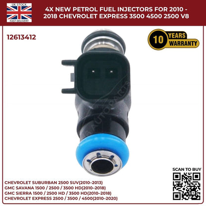 4× Fuel Injectors 12613412 – Fits 2010–2013 Chevrolet Suburban 2500 HD 6.0L V8 Petrol