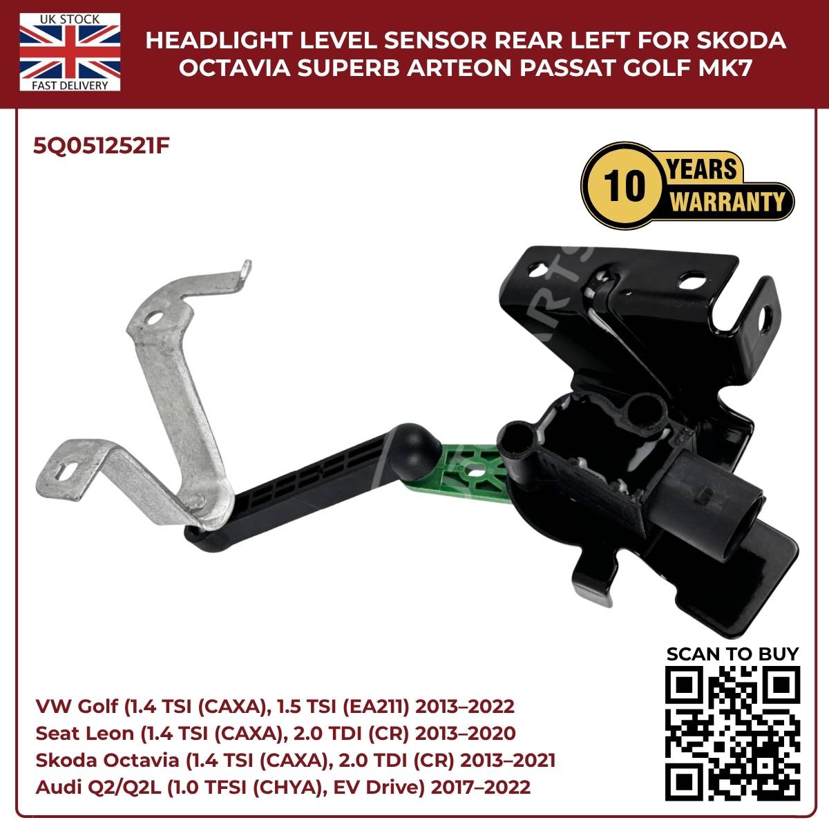 Headlight level sensor for Skoda, Octavia, Superb, Arteon, Passat, and Golf with product details and warranty information.