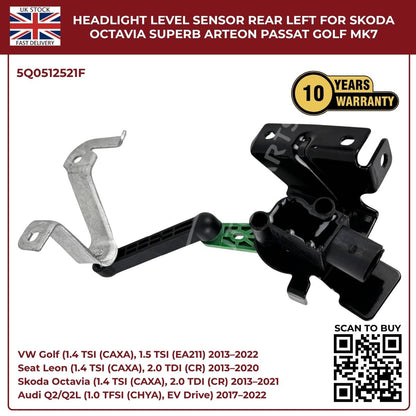 Headlight level sensor for Skoda, Octavia, Superb, Arteon, Passat, and Golf with product details and warranty information.