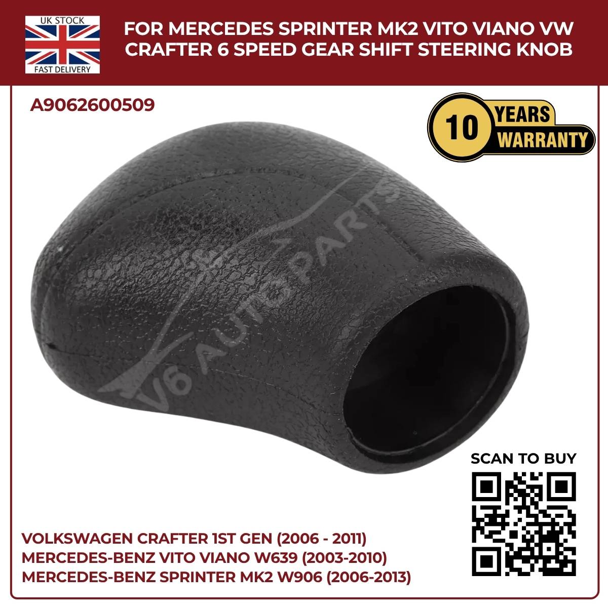 Black Leather 6‑Speed Gear Shift Knob – Fits Mercedes Sprinter MK2 W906 (2006‑2013, 3.5T / 4.5T)