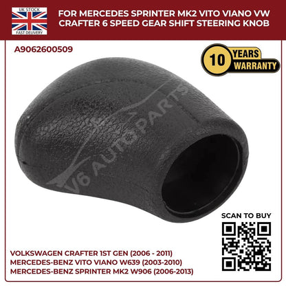 Black Leather 6‑Speed Gear Shift Knob – Fits Mercedes Sprinter MK2 W906 (2006‑2013, 3.5T / 4.5T)
