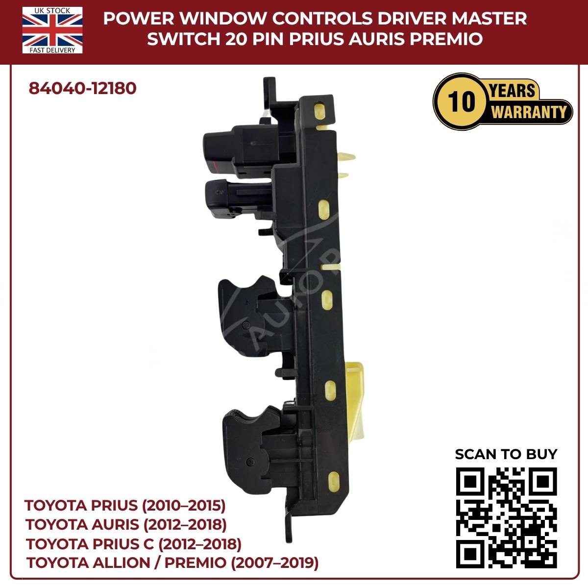 Toyota Lexus Driver Master Power Window Switch – Lock Control Buttons (OEM 84040‑12180, CT200h Prius Corolla)