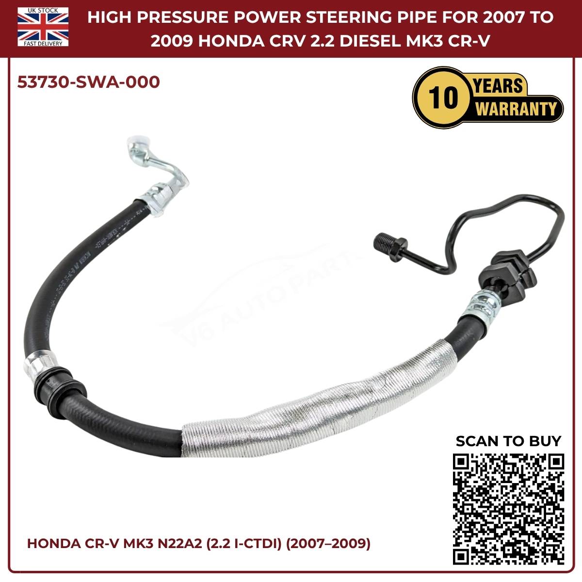 Image of replacement power steering pressure hose OEM 53730-SWA-000 for Honda CR-V