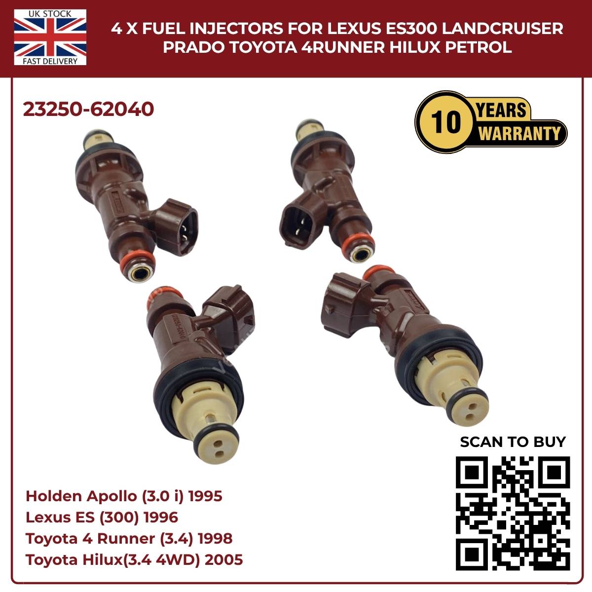 4 x Fuel Injectors For Lexus ES300 Landcruiser Prado Toyota 4Runner Hilux Petrol
