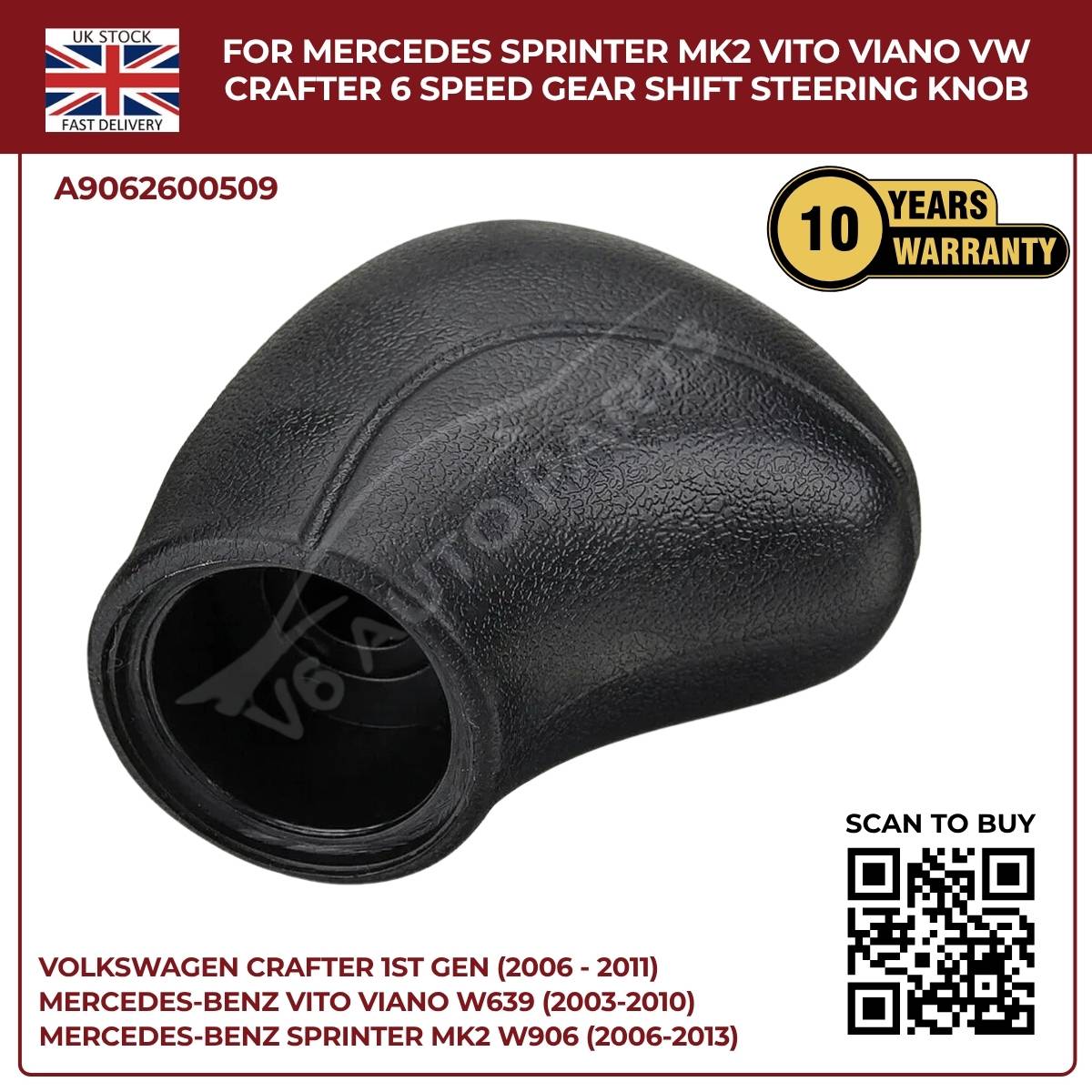 Black Leather 6‑Speed Gear Shift Knob – Fits Mercedes Sprinter MK2 W906 (2006‑2013, 3.5T / 4.5T)